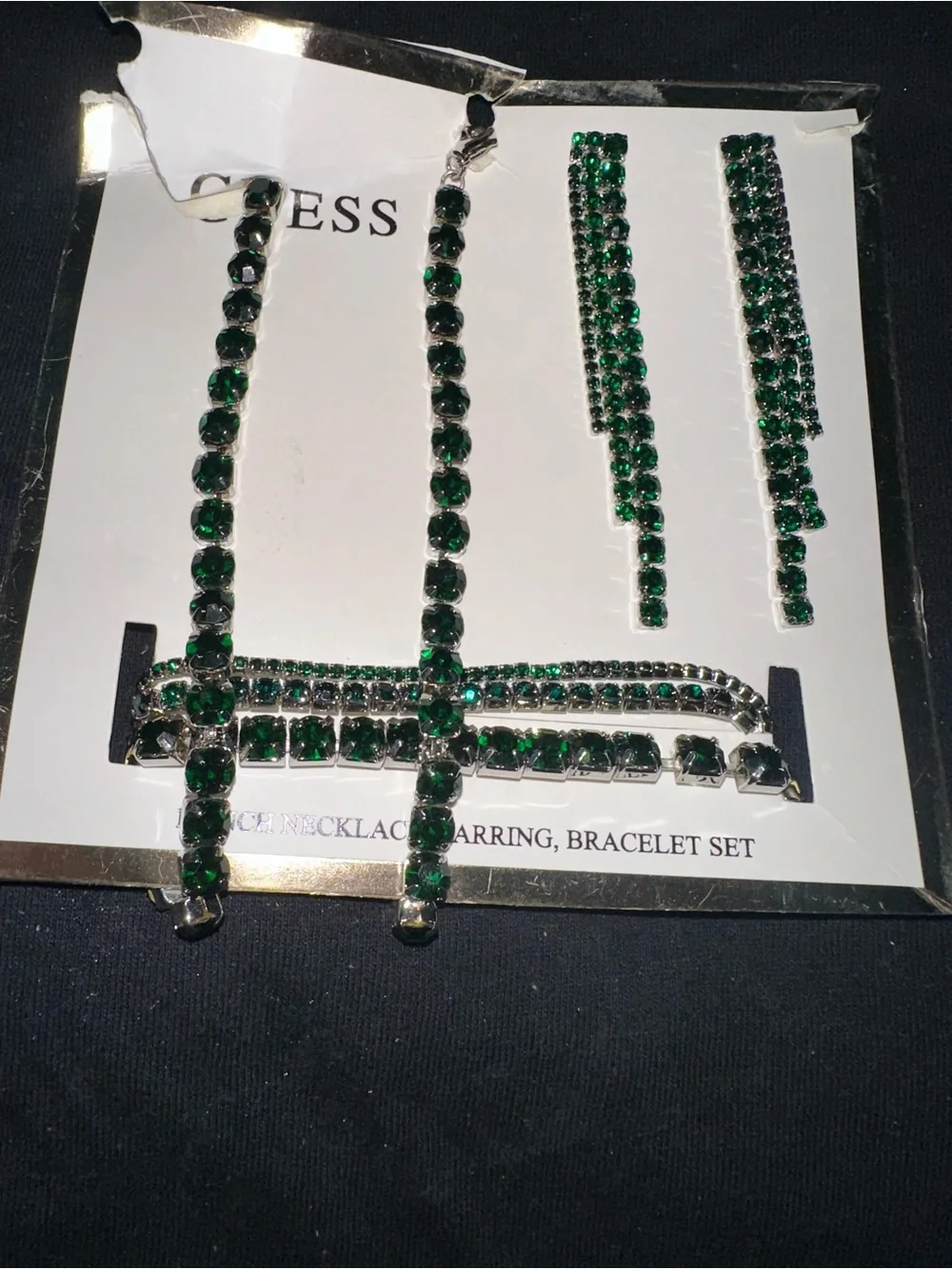 GUESS Green Crystal Bracelet, Necklace & Drop Earrings Set